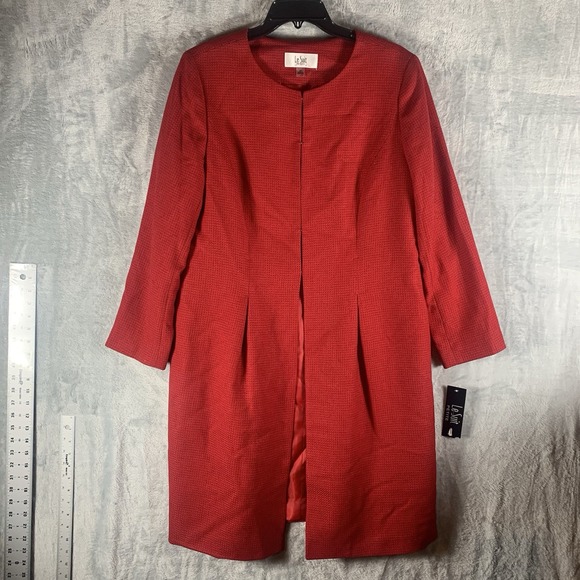 Le Suit Women's Blazer Jacket 14P Red Black Check Long Knee Length Modern Career - Picture 1 of 10